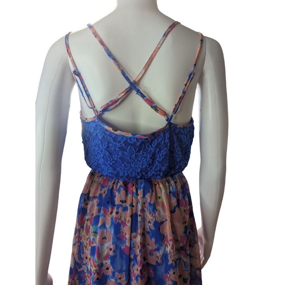 Candie's Women's Y2K High-Low Hem Dress Floral Print Blue Lace Panels sz M - Picture 6 of 11